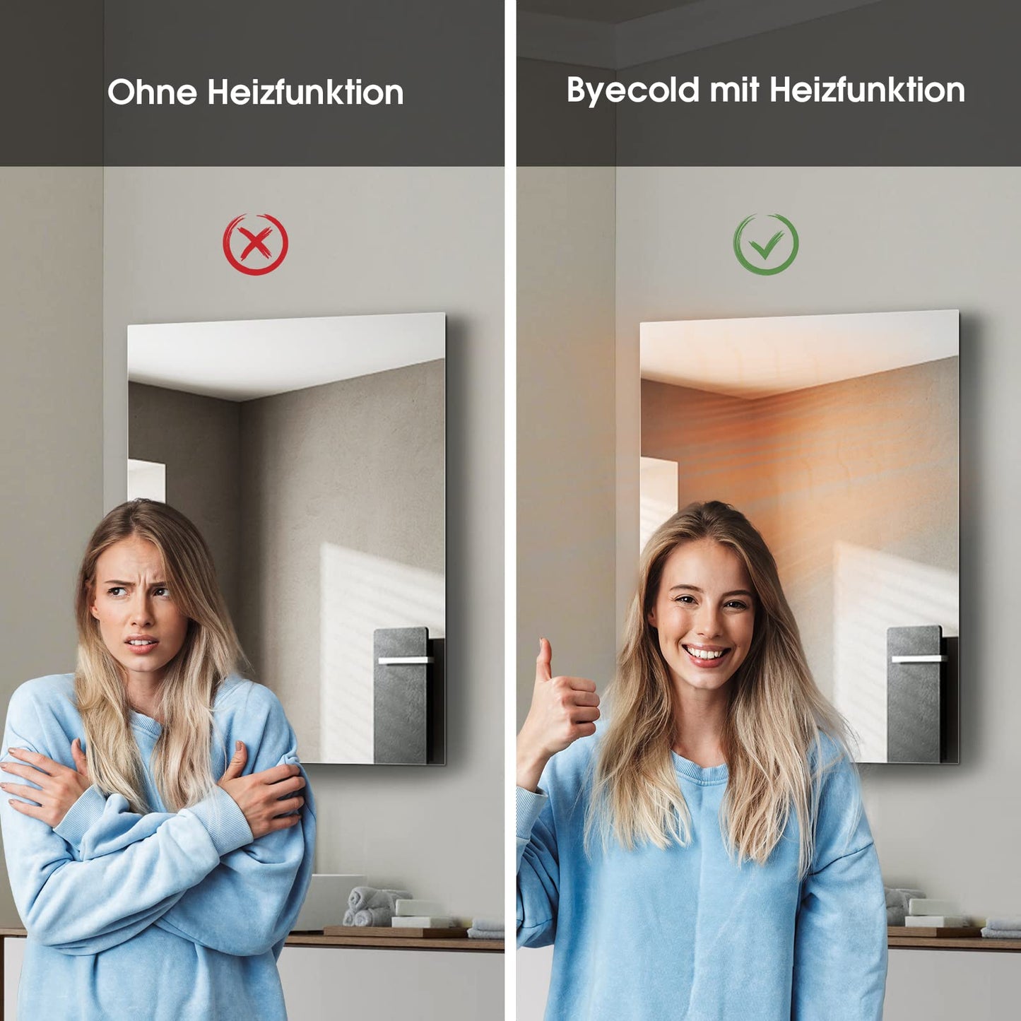 Infrared heating mirror with thermostat 450 watts - mirror heating infrared with LED lighting - infrared wall heating with remote control electric heating - bathroom mirror 80x60 CM bathroom mirror