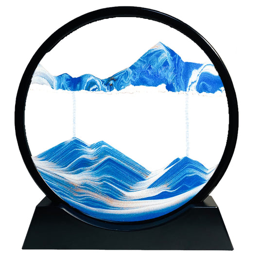 Dynamic 3D rotating sand art, Flowing sand painting in circular glass frame, Moving sand picture Natural landscape, Blue ocean, Relaxing desktop art decoration (Blue, 12")