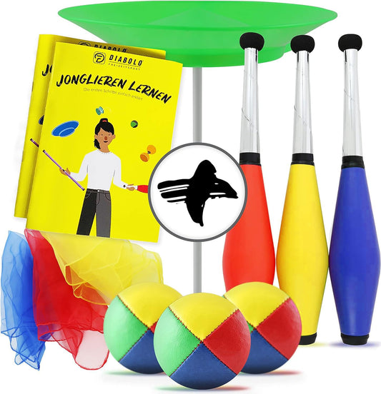 Diabolo recreational juggling set for kids and adults with juggling clubs, juggling balls, scarves, plates including stick & juggling instructions - juggling set as a gift.