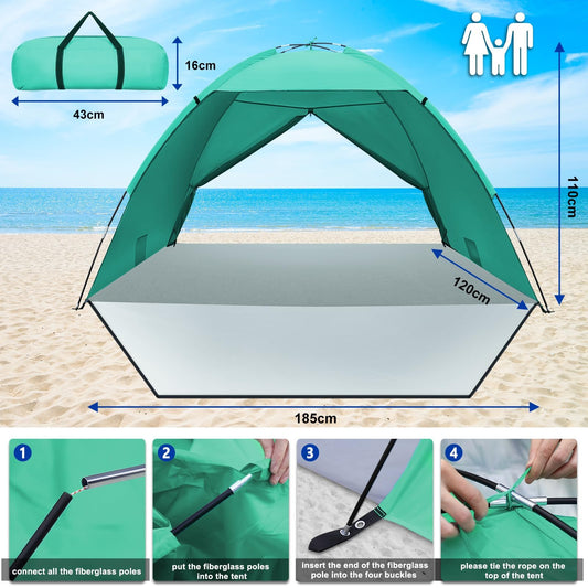 Beach tent, UV protection 50+ Family tent XXL Beach tent Front and back door with zipper Privacy screen Ventilation Wind protection Sun protection Beach shelter Small pack size for beach, garden