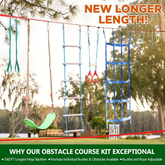 Dripex Slackline for Kids, 2×20m Ninja Slackline and Ninja Warrior Obstacle Course for Outdoor Garden, Ninja Course for Kids with Swing, Climbing Ladder, Climbing Net, and Tree Protectors, suitable for beginners.