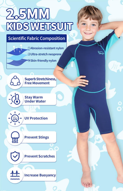 Yikayin Kids Neoprene Wetsuit Shorty, 2.5mm Neoprene for Boys Girls, Thermo UV Swimwear with back zipper for swimming lessons, diving, surfing, snorkeling.