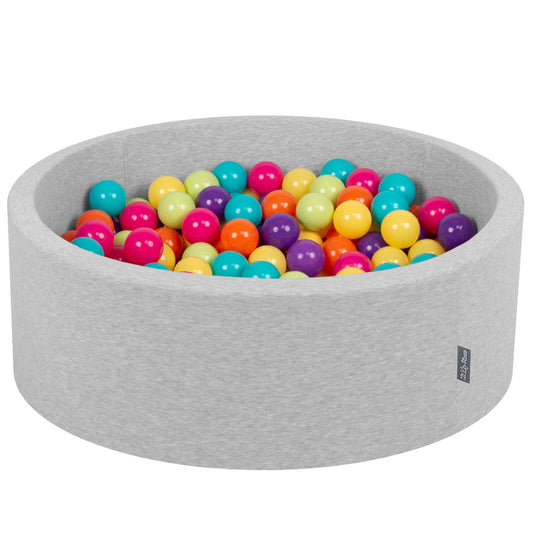 KiddyMoon ball pit 90x30cm/200 balls Ø 7cm ball pool with colorful balls for babies kids round, light grey: light green/yellow/turquoise/orange/pink/purple