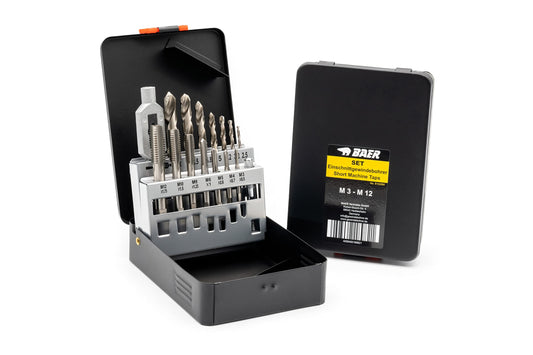 BAER Thread Cutting Set M3 - M12 HSSG - 15 pcs. | Thread tap set with center drill & tap wrench | Professional thread cutting set in metal case | Tap set