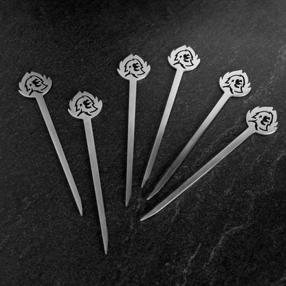 BURNHARD Burger spikes, 6 pieces, made of stainless steel, metal spikes with wide grip area, 15 cm long shashlik spikes, as meat spikes or grill spikes.