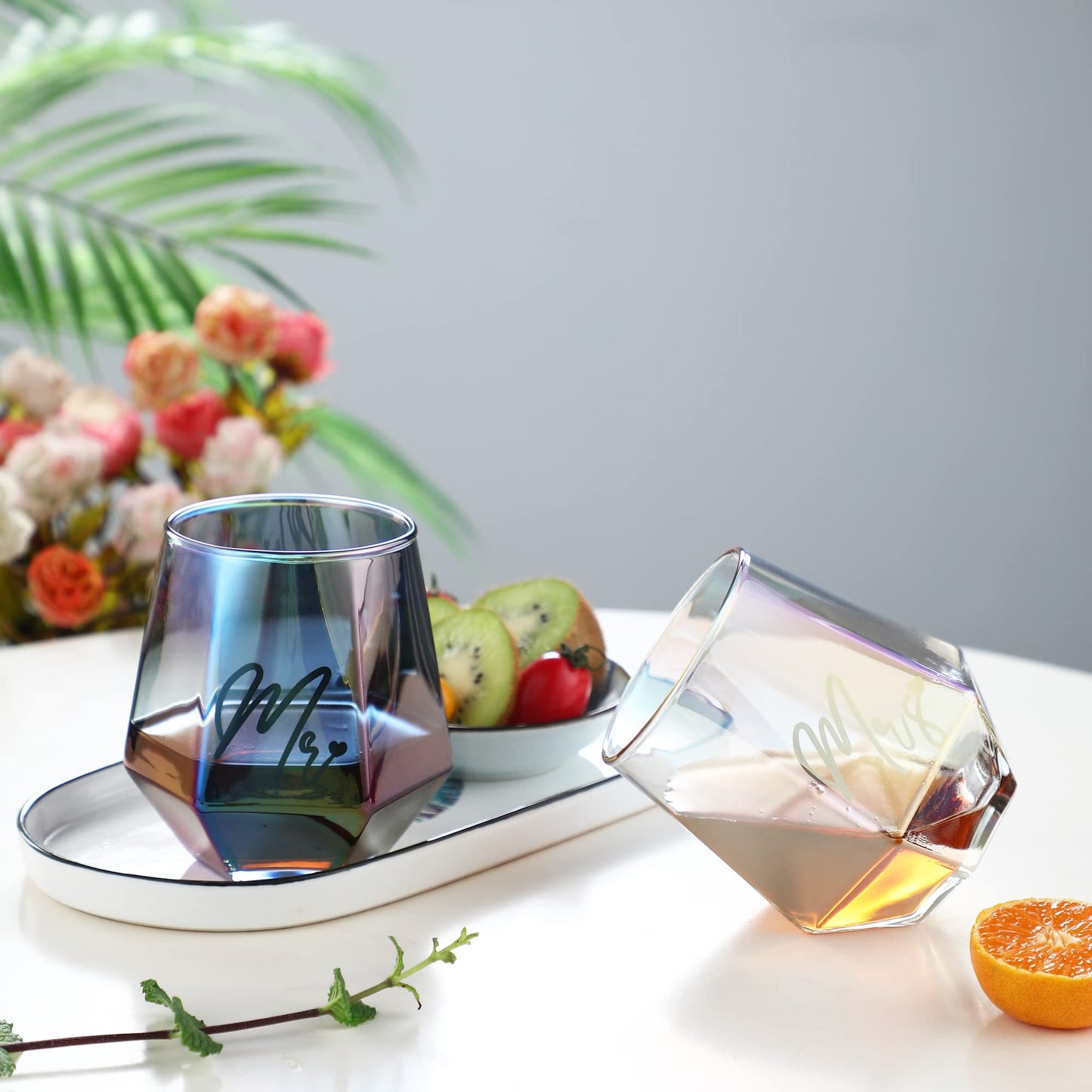 Iridescent Mr and Mrs wine glasses gifts, wedding gifts, engagement gifts for couples, bridal shower gift, anniversary gift for his and hers, gifts for bride and groom.