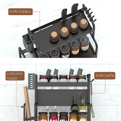 FEXPLENDID kitchen shelf countertop, 63x49x22.5cm, spice racks for kitchen countertop, steel, spice organizer, freestanding spice rack, table shelf for kitchen, office, laundry room (3-tier black)