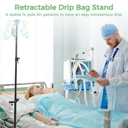 IV stand with 4 hooks and 3 mesh bags, collapsible tripod for IV infusion stands, portable mobile infusion bottle stand