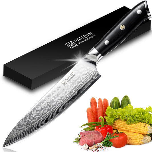 PAUDIN 8 inch Damascus Chef Knife, Kitchen Knife with Ergonomic G10 Handle, Sharp Japanese VG10 Steel Blade.