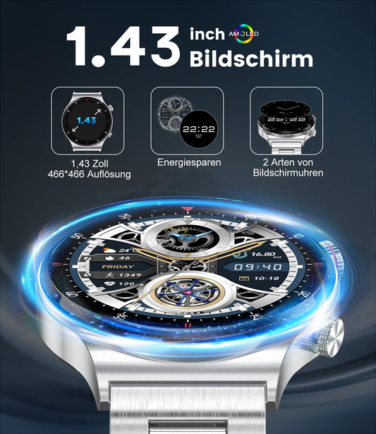 Men's smartwatch with phone function, 1.43'' AMOLED smart watch with heart rate sleep monitor SpO2 notification 100+ sports modes, waterproof fitness tracker calorie pedometer Android iOS, silver