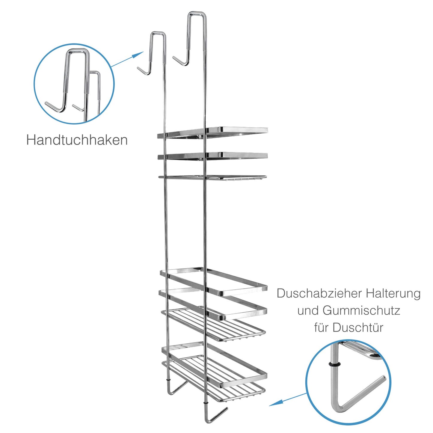 Euroshowers hanging stainless steel shower caddy - no drill shower shelf non-slip shower basket with towel holder height 77 cm
