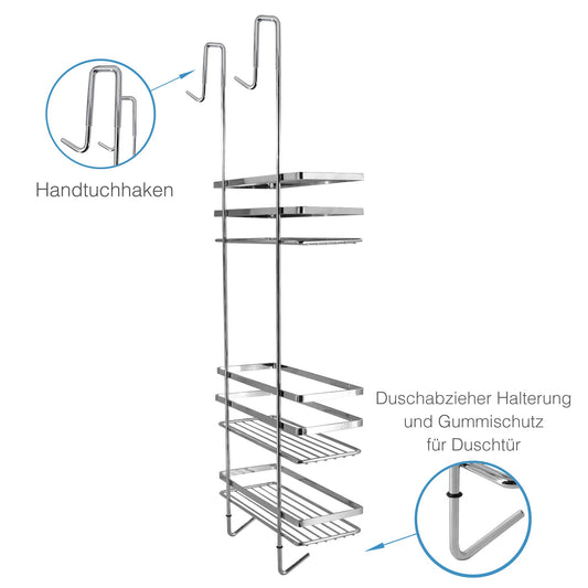 Euroshowers hanging stainless steel shower caddy - no drill shower shelf non-slip shower basket with towel holder height 77 cm