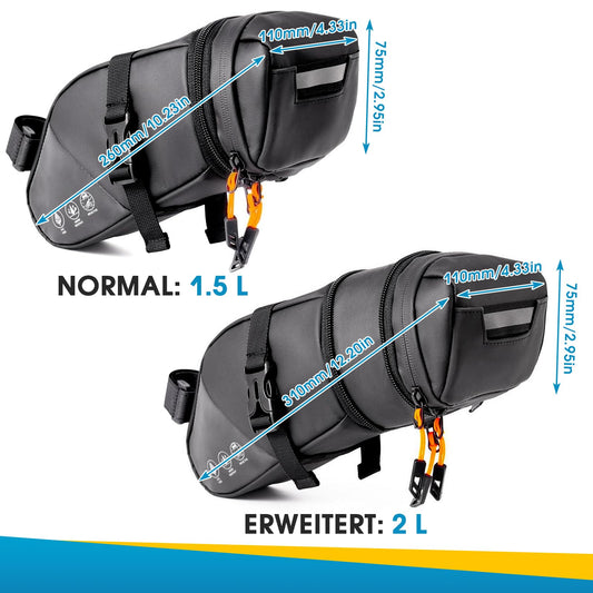BHHTBB Waterproof Bike Saddle Bags, Expandable from 1.5L to 2L capacity, with Reflective details. Perfect for Gravelbike MTB.