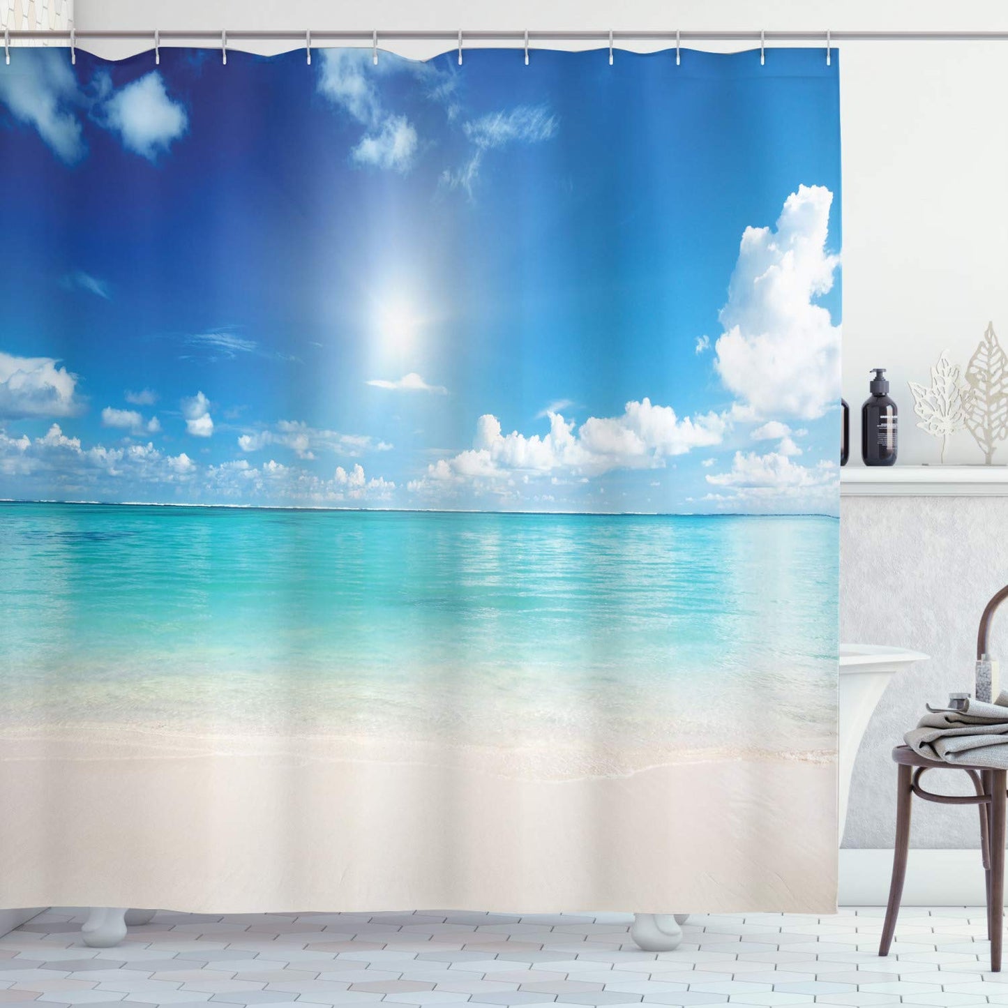 ABAKUHAUS Landscape Shower Curtain, Sky and Tropical Sea, with 12 Rings Set Stylish Modern Colorfast and Mold Resistant, 175x240 cm, Cream Turquoise White