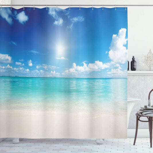 ABAKUHAUS Landscape Shower Curtain, Sky and Tropical Sea, with 12 Rings Set Stylish Modern Colorfast and Mold Resistant, 175x240 cm, Cream Turquoise White