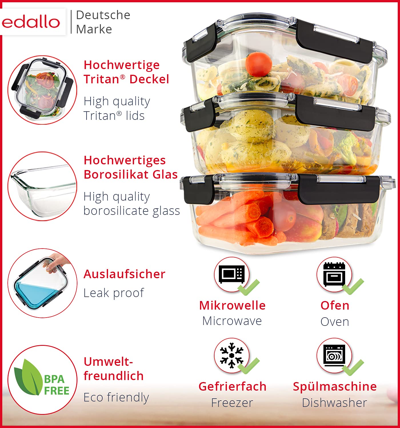 edallo NEW TRITAN - 3 large food storage containers with TRITAN lids & premium glass - airtight, leak-proof. Dishwasher, freezer, oven, microwave safe - storage container set - 3x 1040ml (1L)