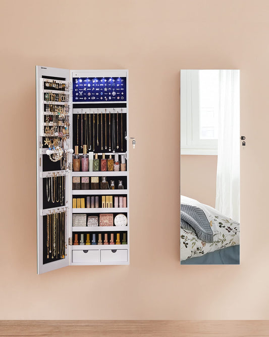 SONGMICS Jewelry Cabinet with Full-Length Mirror, Jewelry Storage with 6 LED Lights, Hang on Door or Mount on Wall, Large Capacity, 2 Drawers, White JJC99WT