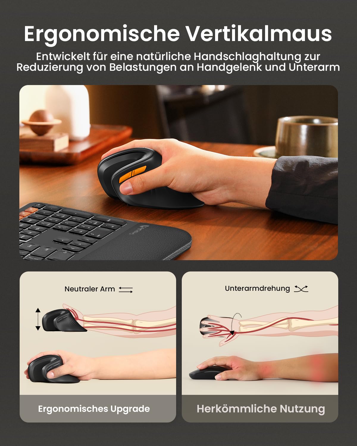 ProtoArc EM11 NL Ergonomic Vertical Mouse, MINI Wireless Rechargeable Mouse with 3 Devices (2*Bluetooth+USB), Vertical Wireless Mouse for Computer, iPad, Mac, Windows - Black