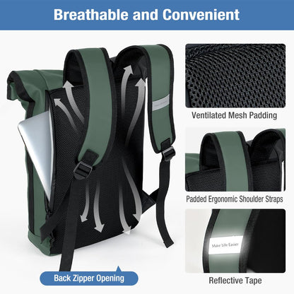 Lekeinchi Rolltop Backpack Waterproof for Women & Men, Large Laptop Backpack with Compartment for 17 Inch Laptop, Elegant Travel Daypack for Travel, Cycling, Uni School, Work-Green.