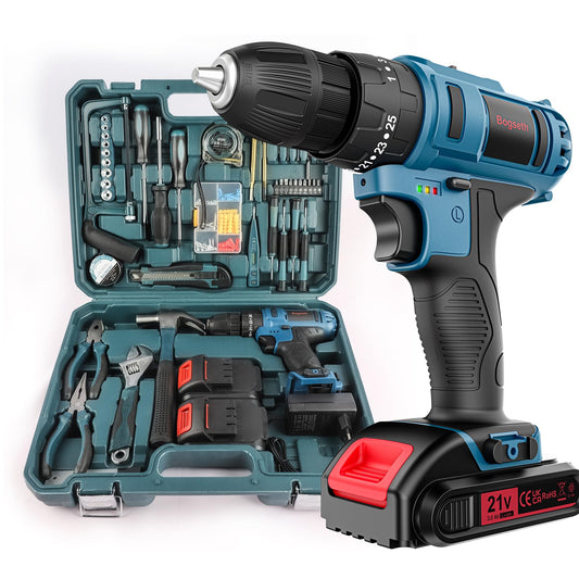 Bogseth 21V cordless drill set, with 112PCS tool kit, 45 N.m max torque, 2 x 2000mAh batteries, 2-speed, 25+3 torque settings, LED light, for home and garden DIY projects.