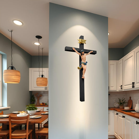 Kaltner Präsente gift idea - Wooden cross crucifix made of real beech wood in black with Jesus Christ figure made of hand-painted artificial stone (height 50 cm)