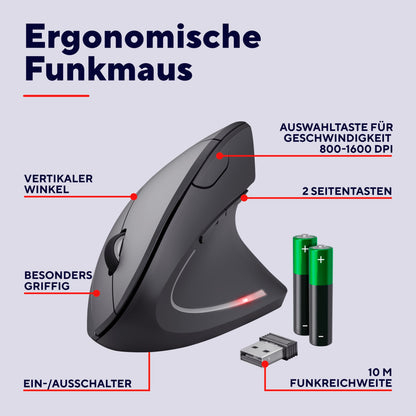Trust Verto Wireless Vertical Mouse, Wireless Ergonomic Mouse, Prevention of Mouse Arm/Tennis Elbow (RSI Syndrome), 800-1600 DPI, Wireless Mouse for Right-Handed, PC, Computer, Laptop, Mac, with Batteries.