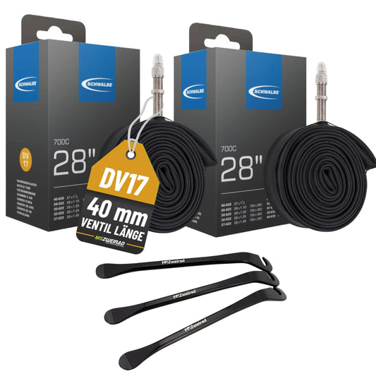2-pack Schwalbe bicycle tube DV17 40mm 28 inches (28/47-622/635) includes 3 MSZweirad tire levers.