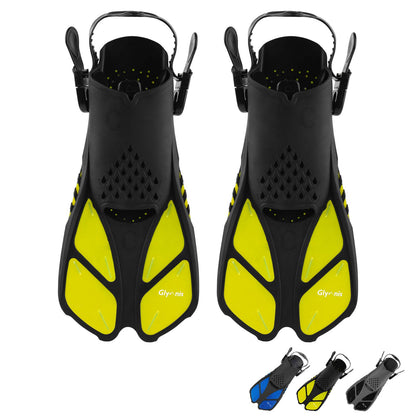Glymnis Adjustable Swim Fins for Adults and Kids, Short Diving Fins for Diving Swimming Snorkeling (Black/Yellow, S/MD)