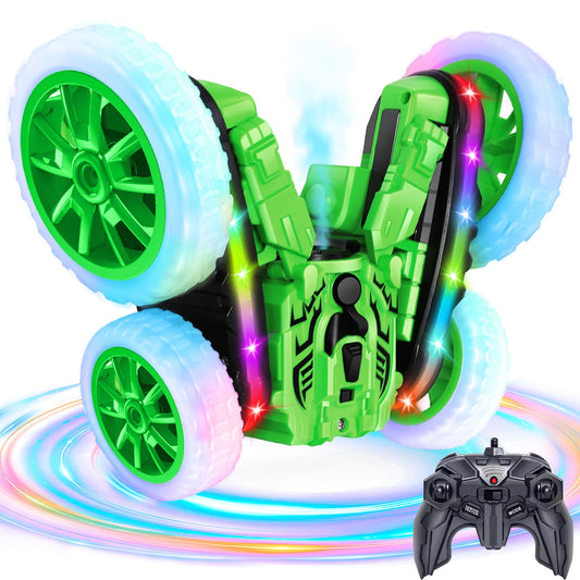 MidiVix Remote Control Car, 360° rotating 4WD RC Car with side lights and headlights, 2.4Ghz Double-sided RC Stunt Car with Spray, RC Drift Toy Car and Gifts for Kids (Green)