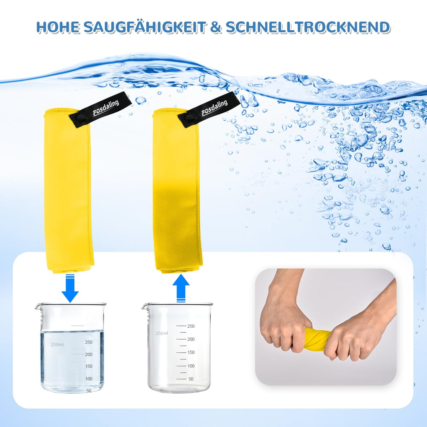 Fosdaling Microfiber Towel 3 Piece Set (Large 160×80cm and 2 Small 80×40cm), Quick-drying Microfiber Fitness & Sport Towels, for Beach, Bath, Gym and Travel (Yellow)