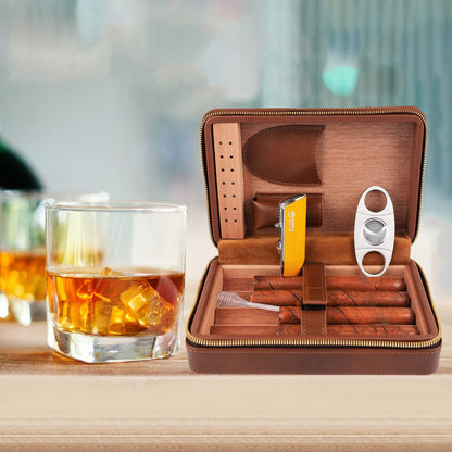 Time C Club 4-Finger Woven Pattern Portable Travel Leather Cigar Case, Cigar Cutter, Cigar Humidor with Cutter and Humidor, Groomsmen Gift, Birthday Gift