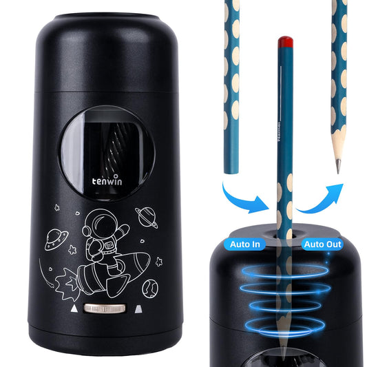 Tenwin Fully Automatic Electric Pencil Sharpener, rechargeable pencil sharpener with container for colored pencils from 7-11.5 mm, portable and safe for home, office, school (Black)