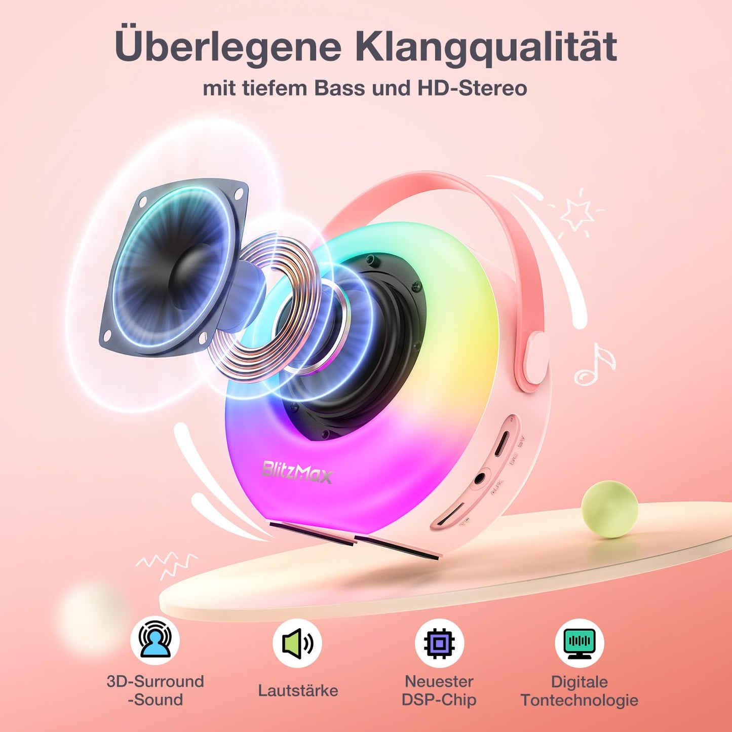 BlitzMax Karaoke Machine for Kids Portable Bluetooth Mini Karaoke Speaker with 2 Microphones, Lights, and Sound for Girls Boys Adults Home Party Birthday Gifts (Pink)