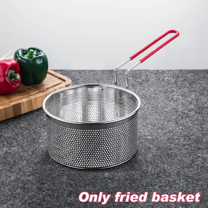 DASNTERED Deep Fryer Basket with Handle, Long Handle Fry Basket Universal Stainless Steel for Pot Round Food Strainer Basket, 18 cm