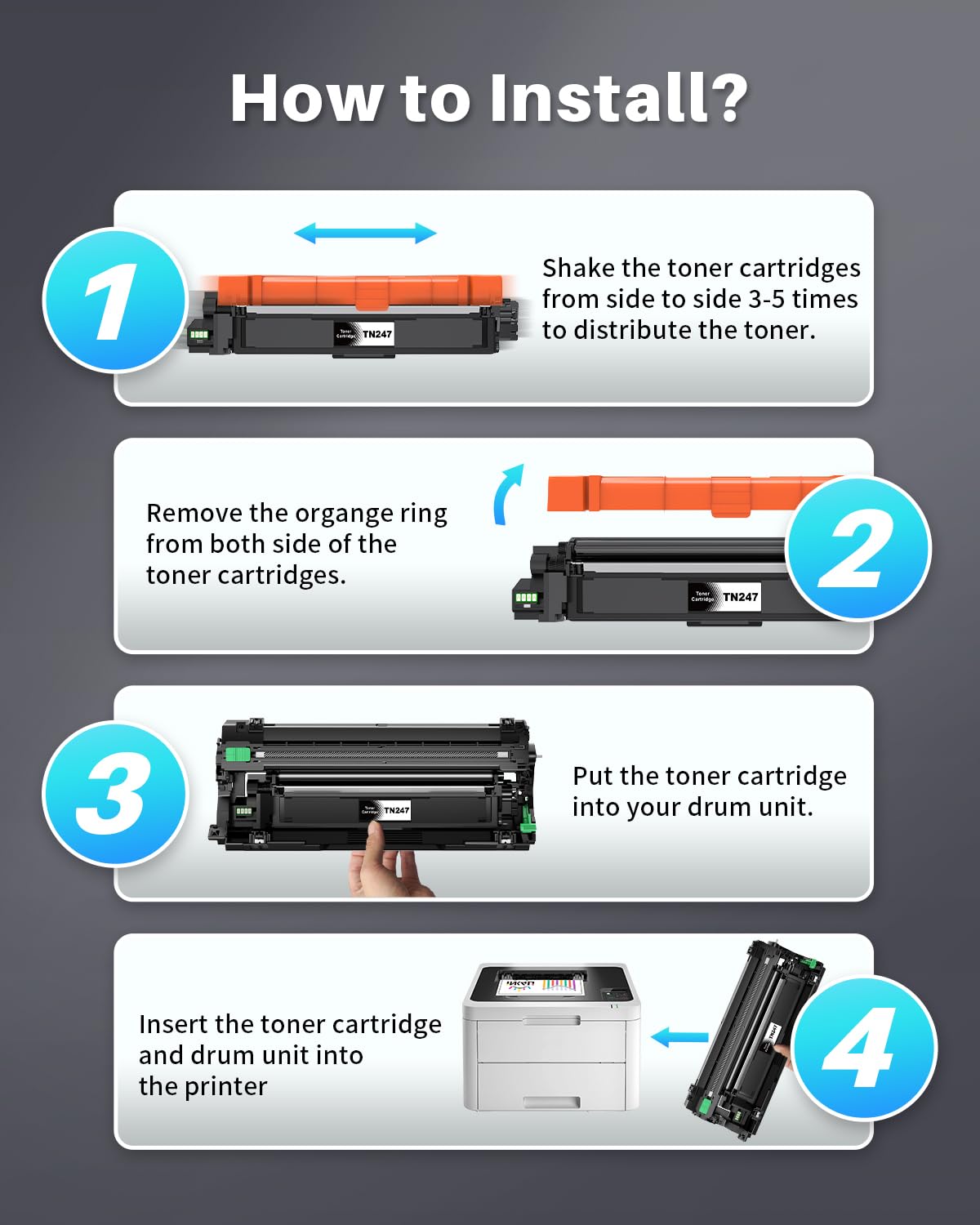INK4U TN-243CMYK TN247 toner as a replacement for Brother MFC L3750CDW MFC-L3750CDW DCP-L3550CDW MFC-L3770CDW HL-L3230CDW HL-L3210CW TN243 (Black Cyan Yellow Magenta, 4-pack)