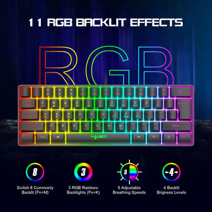 HXSJ V700 Gaming Keyboard and Mouse Set, 60% Compact Keyboard, 61 keys, TKL Layout, RGB Lighting, Optical Gaming Sensor Mouse with 7 buttons, 7-color LED light, Up to 3600 DPI, for PC, Mac-Black
