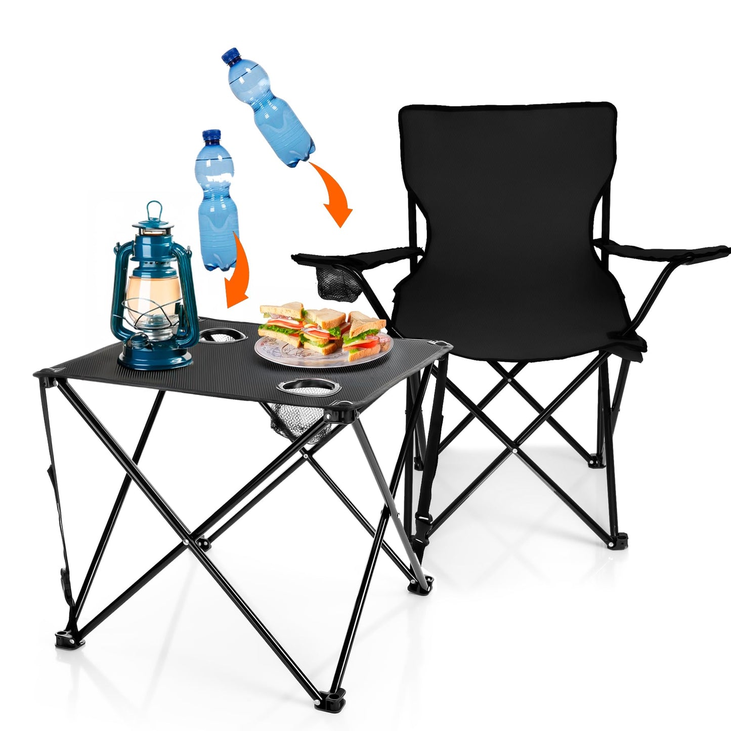 BigDean 2 piece camping chairs & folding camping table in black - table with chairs included - folding chair with table - portable table with chairs