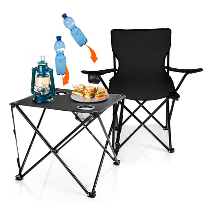 BigDean 2 piece camping chairs & folding camping table in black - table with chairs included - folding chair with table - portable table with chairs
