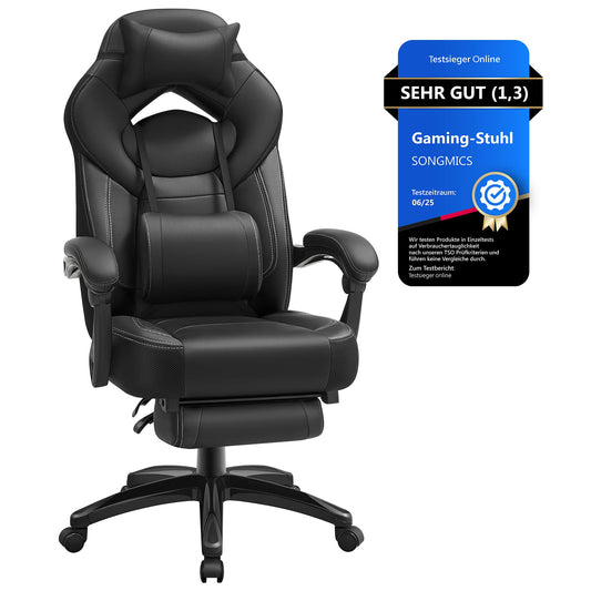 SONGMICS Gaming Chair, Office Chair, Computer Chair, ergonomic design, with footrest, adjustable headrest, lumbar pillow, weight capacity 150 kg, black OBG077B01