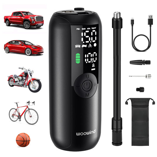 Woowind LP1 Electric Air Pump & Battery Compressor (150 PSI/10.3 Bar), Battery Air Pump for Car, Motorcycle, Scooter, Balls - Portable + Digital Display + LED.