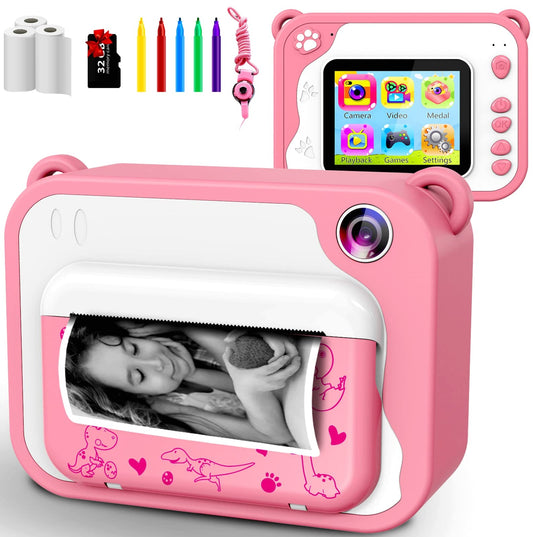 Children's camera, digital camera, instant print camera, 1080P, 2.4-inch screen, video camera, black and white film camera with 32GB card, 3 rolls of printing paper, 5 colored brush pens. A gift for children aged 3-12 years.