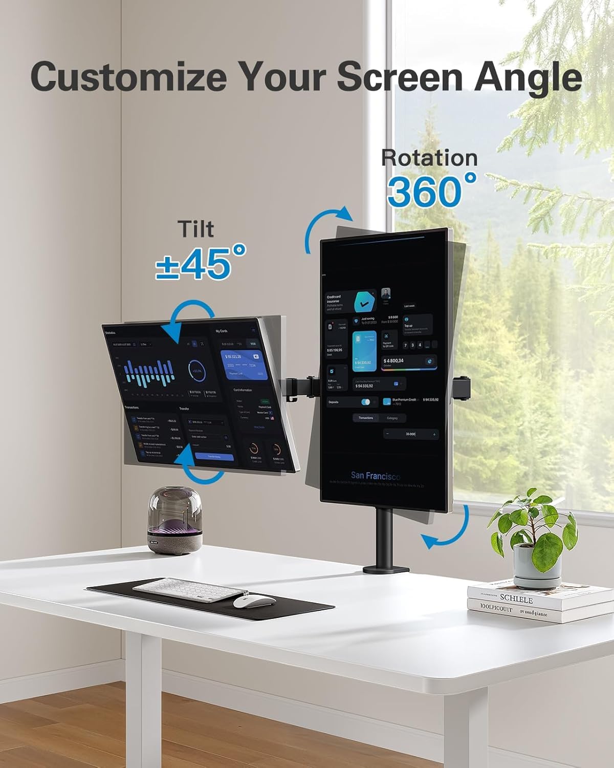 HUANUO dual monitor stand for 13 to 32 inch screens, height adjustable, tilt, swivel, rotate, extended arm for two monitors, VESA 75/100.