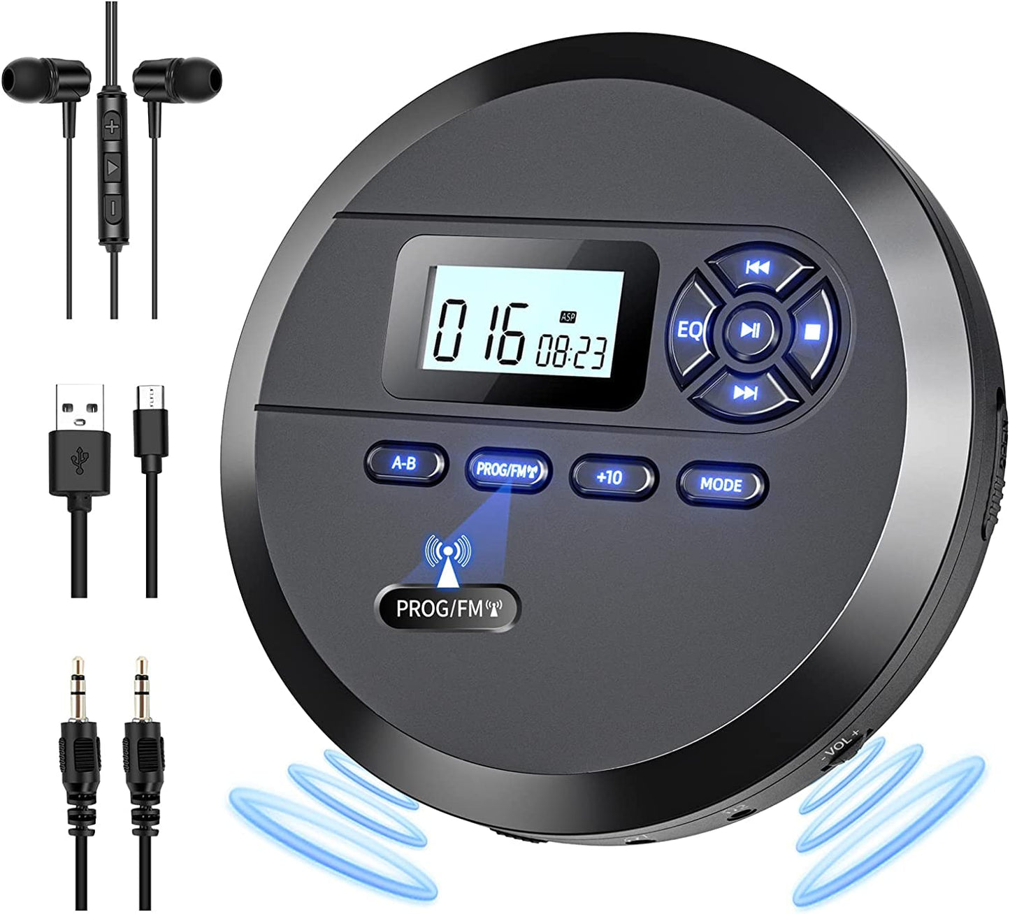 Portable CD player, DESOBRY CD Player Portable with speakers and FM transmitter, Discman for car, 2000mAh battery, headphones, AUX cable.