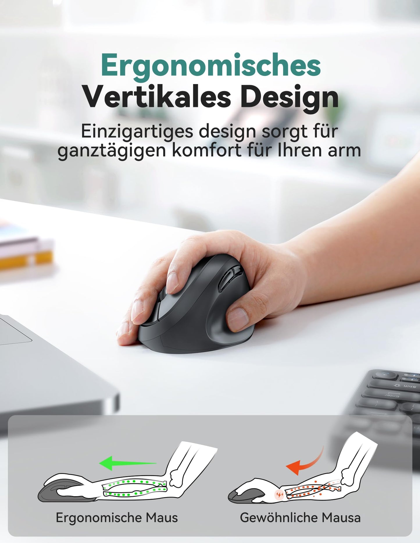TECKNET Ergonomic Wireless Mouse, 4800 DPI Vertical Mouse, 99% Noise Reduction, 6 Buttons, 2.4G Computer Wireless Mouse, Quiet Wireless Mouse for Laptop, PC, Chromebook, Mac