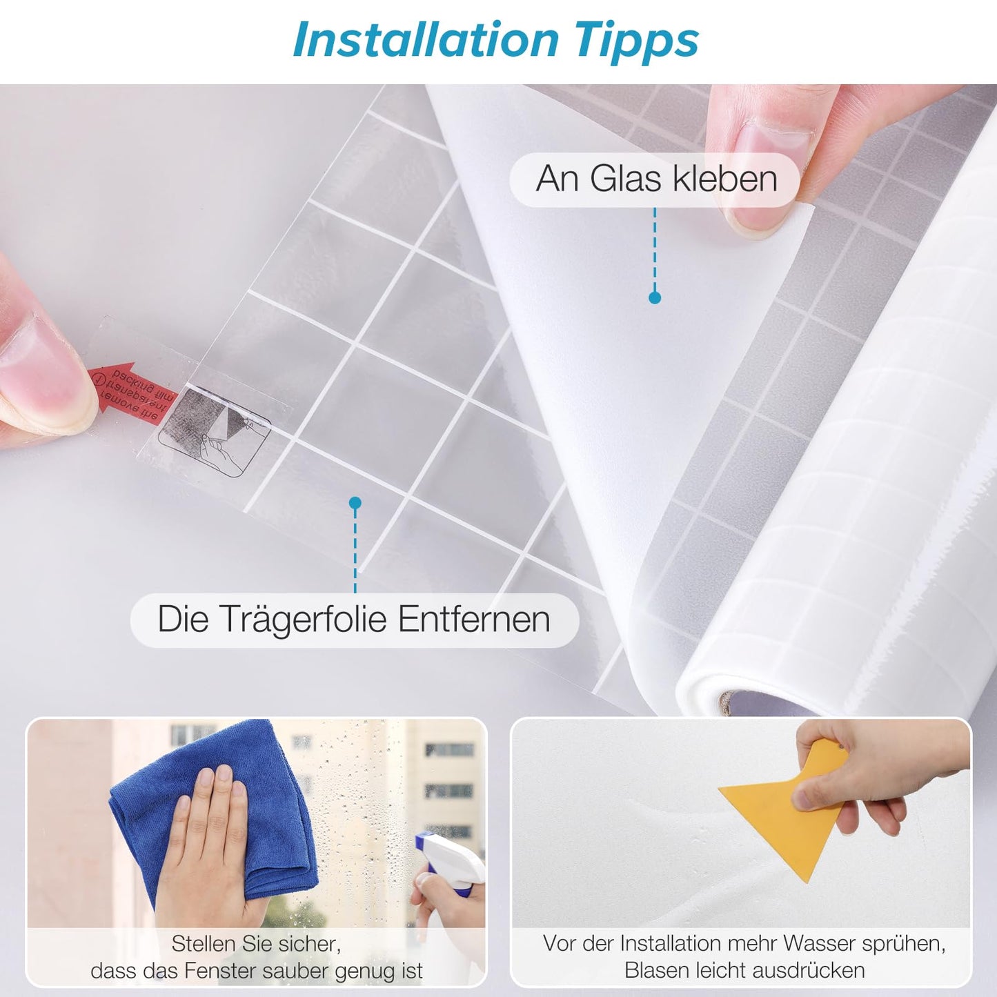 rabbitgoo Window Film Frosted Glass Film Privacy Film White 60x300cm with Grid Design for Bathroom Office Living Room Self-adhesive UV Protection Privacy Protection