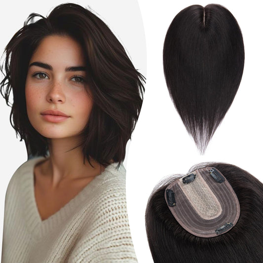 Silk-co Hair Topper Real Hair, 10x12cm Base Women's Toupee, Hair Topper Real Hair with Remy Silk Base, Hair Topper Clip in Hairpiece Extensions, 40cm 1B# Natural Black