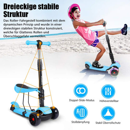 YOLEO 3-in-1 Kids Scooter with Removable Seat, LED Big Wheels, Adjustable Handlebar for Toddlers Boys Girls from 2 Years (Blue)