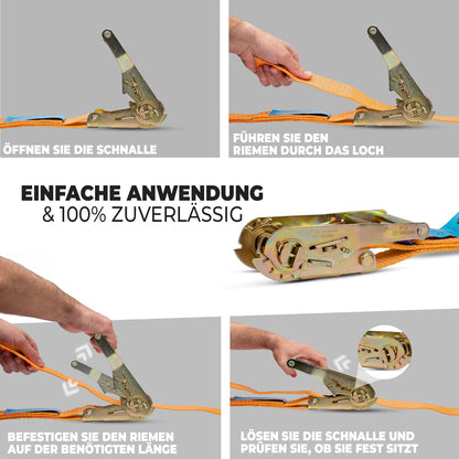 10 pieces of tie-down straps, 4m long, 2t (2000 daN, KG) - TUV/GS tested - one-piece, 35mm wide with galvanized steel ratchet - sturdy & weatherproof -