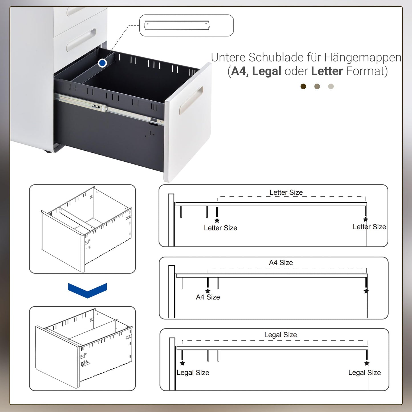 Vinsetto 3-drawer mobile file cabinet with lockable casters, includes hanging file organizer and pencil tray. Office under desk storage unit measures 39x48x59cm in white.