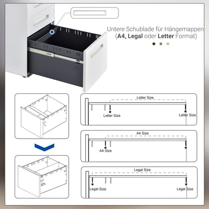 Vinsetto 3-drawer mobile file cabinet with lockable casters, includes hanging file organizer and pencil tray. Office under desk storage unit measures 39x48x59cm in white.